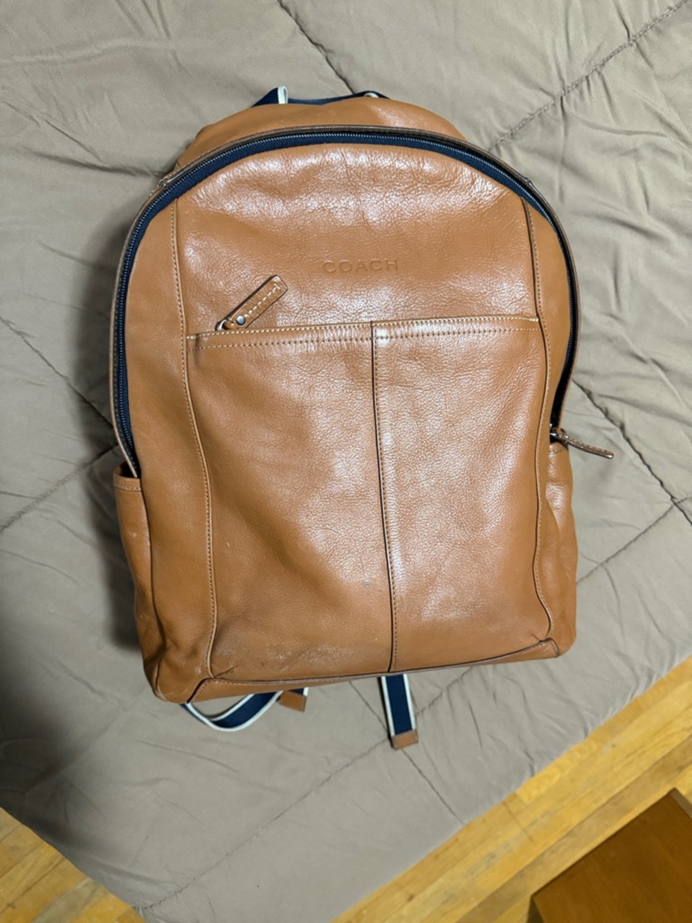 Coach Men’s Brown Leather Backpack with Navy Trim